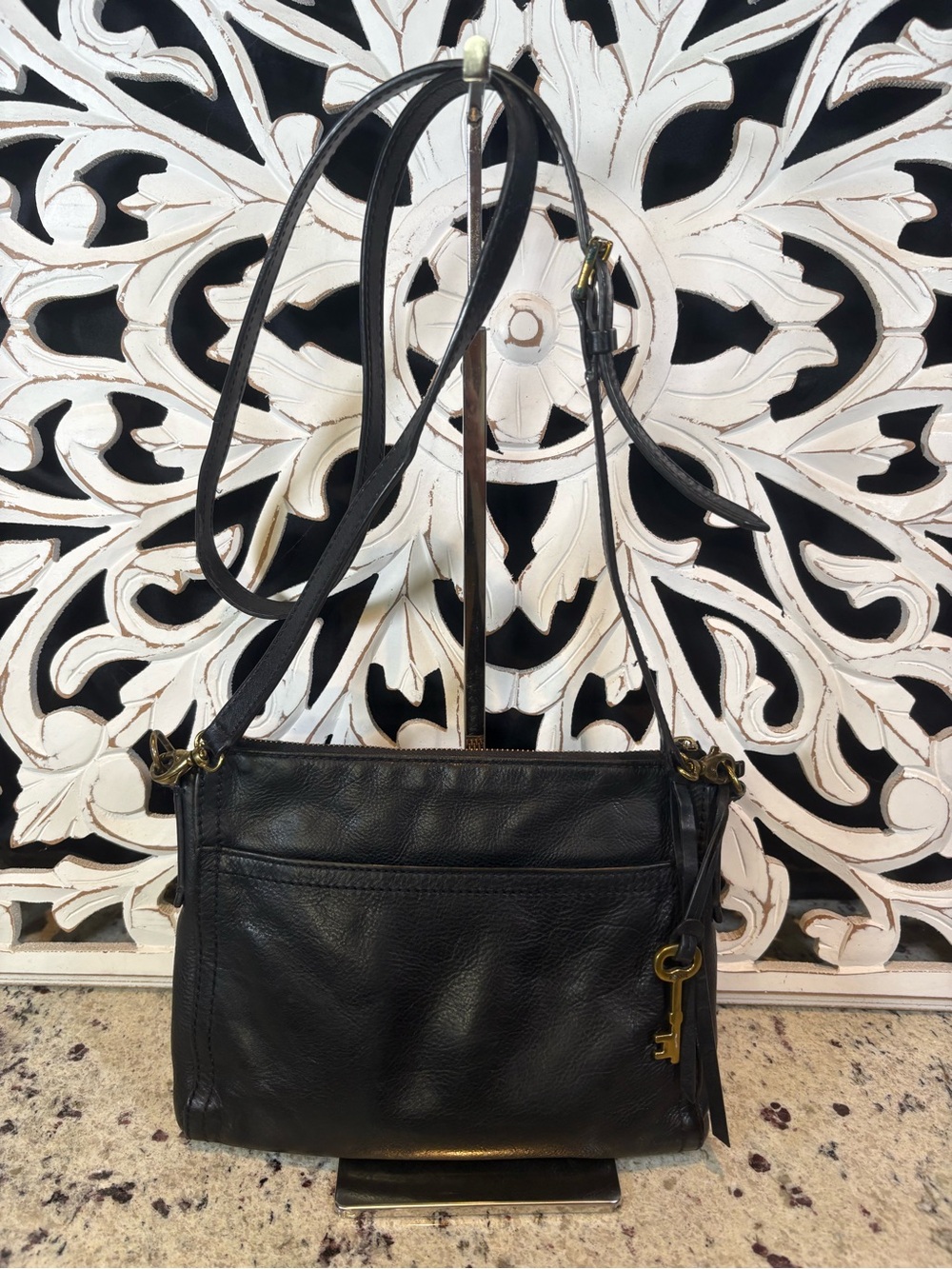 Fossil Black Leather Crossbody Bag with Key Charm - Picture 3 of 10